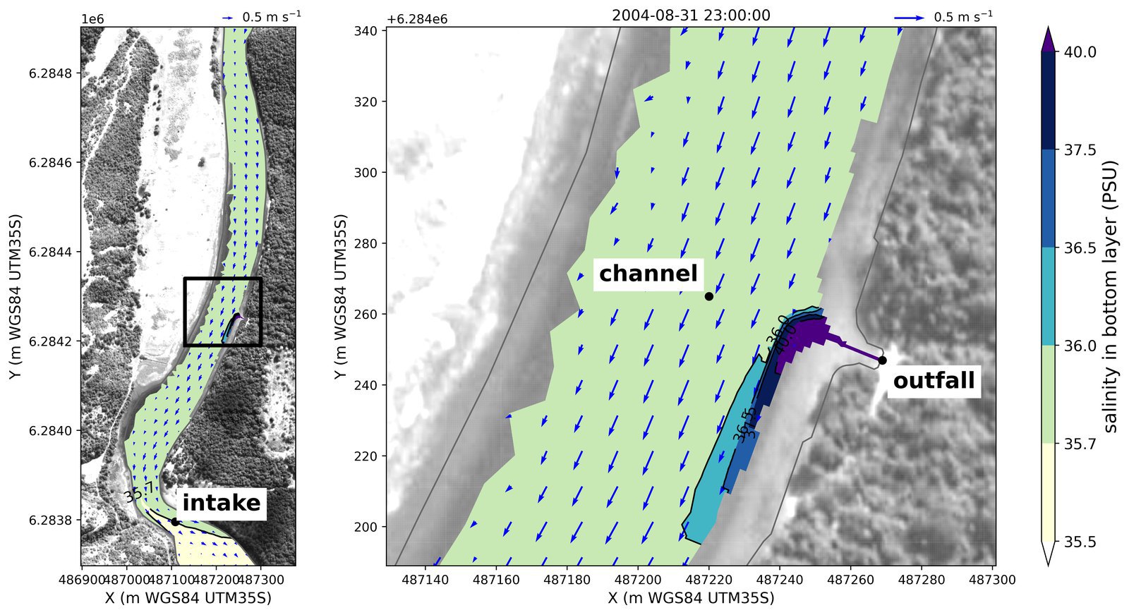 Modelled near-bed salinity plume from a desalination outfall