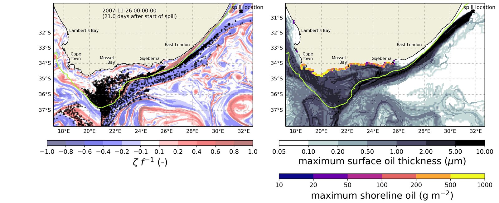 Modelled surface oil thickness and shoreline oiling from a spill scenario, shown against the ocean eddy field