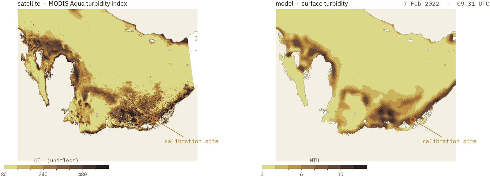 Side-by-side maps of a satellite-derived turbidity index and modelled surface turbidity over the same coastal region and time