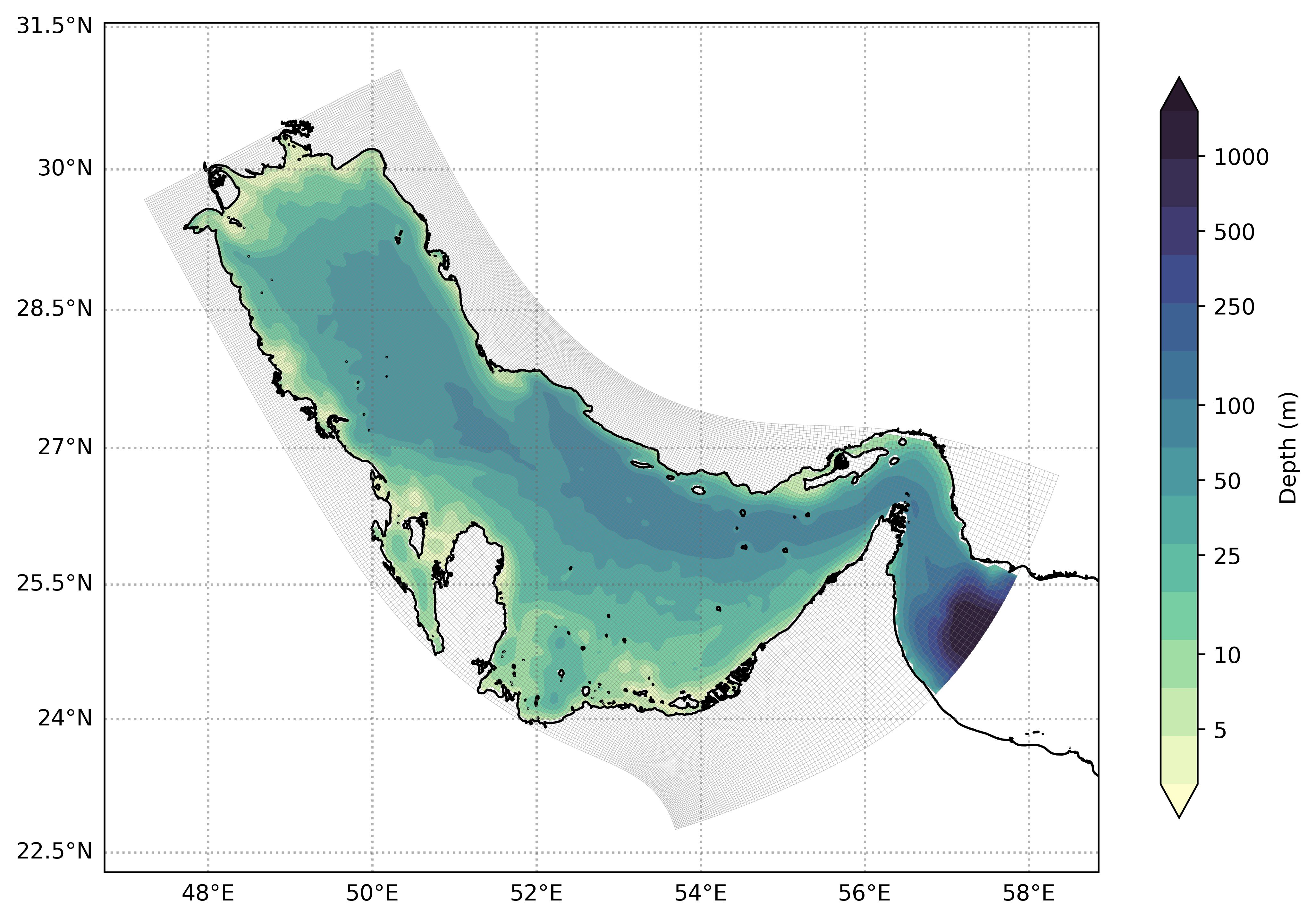 Curvilinear structured grid spanning a semi-enclosed basin