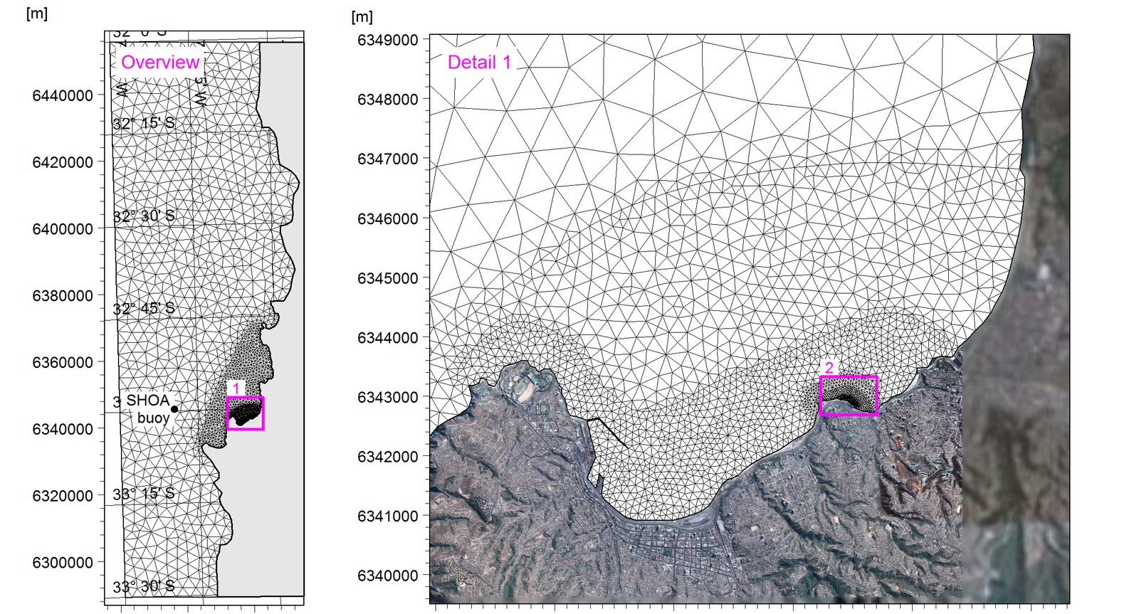 Unstructured mesh refined from the regional domain down to the coastline
